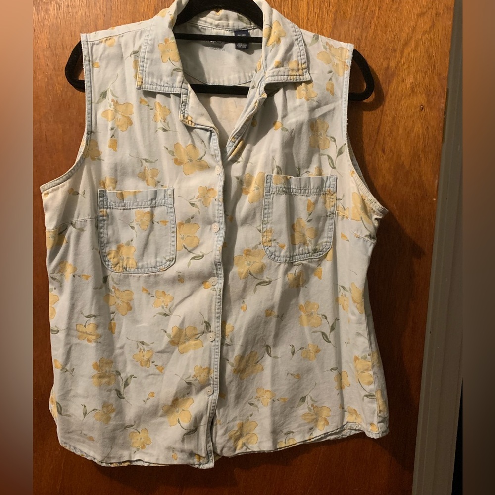 Vintage Cherokee Denim Blouse Yellow Floral Pattern Size 1X